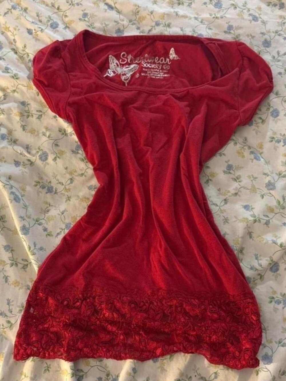 y2k lace trim blouse cap puff sleeve long tee with floral lace trim